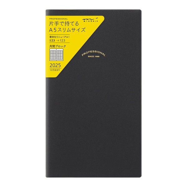 Midori Professional Diary, 2025, A5 Slim, Monthly, Black, 22348006 (Begins