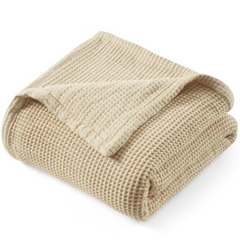 PHF Reversible Waffle & Muslin Blanket 100% Cotton 400GSM King Size 104" x 90", Breathable Lightweight and Soft, Luxury Aesthetic Waffle Gauze Blanket for Home Decor, Ideal Gift, Oak
