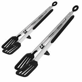 DDSHUN 2 Pack Kitchen Tongs Food Tongs Stainless Steel Cooking Tongs Steak Tongs Heat Resistant with Resting Gadget Non-Slip Locking BBQ Tongs for Cooking, Steak, Barbecue, Buffet, Salad - Black