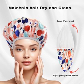 my novel things Shower Cap Reusable Waterproof 3PC with Exfoliating Bath Gloves 3 Pairs, Large Shower Caps for Women Satin Lined Long Hair Locs Curly All Hair