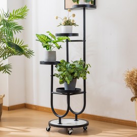 CHPHI Plant Stand Indoor 4-Tier Wrought Iron , Tall Metal Plant Shelf for Multiple, Metal Plant Stand with Wheels and 4 Trays, Double U-Shape Plant Rack for Home, Living Room, Patio, Bedroom(Black)