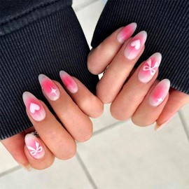Valentine's Day Press on Nails Medium Almond Fake Nails Pink Blush False Nails With Love Heart Bow Star Designs Glossy Full Cover Stick on Nails Acrylic Valentines Artificial Nails for Women 24Pcs