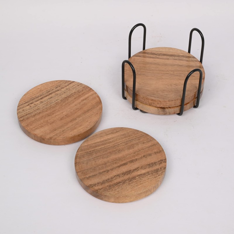 EDHAS Acacia Wood Coasters for Drinks with Iron Holder Stand
