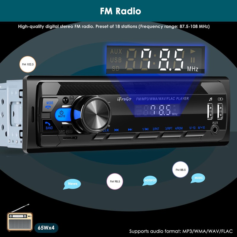 iFreGo Car Radio Bluetooth, Single DIN Car Stereo,FM Radio,Car Audio