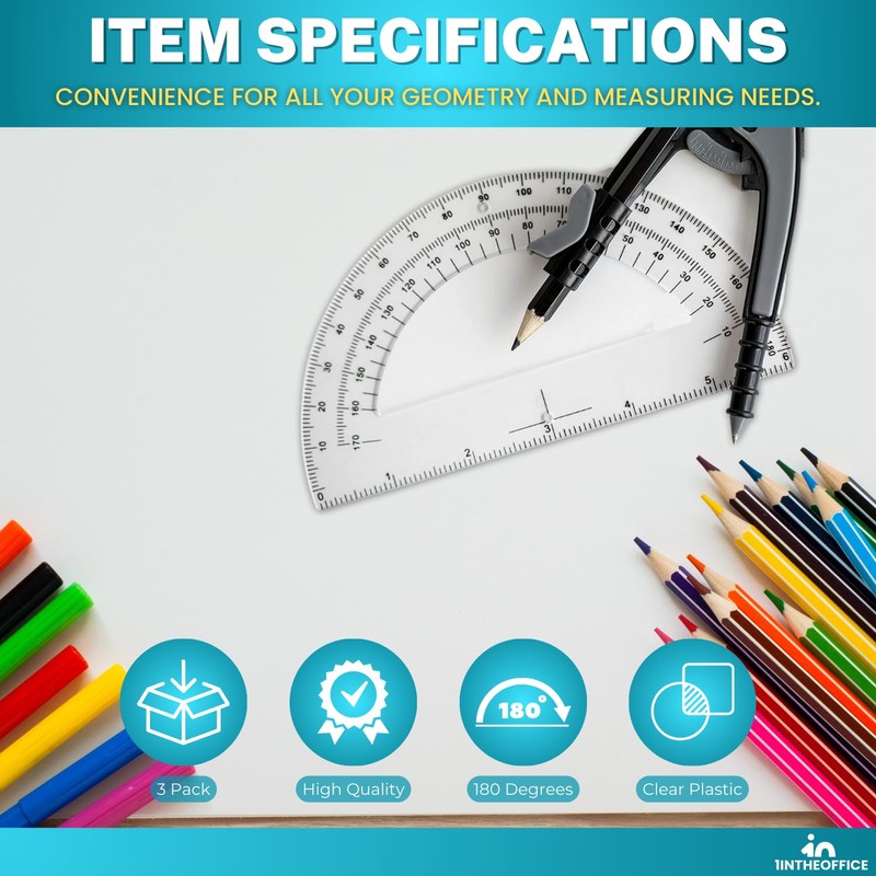 1InTheOffice Plastic Protractor, Math Protractors, Protractor for Geometry, 180 Degrees