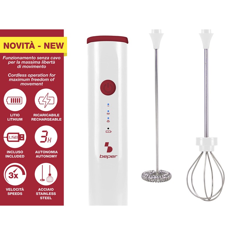 BEPER P102SBA008 Montalatte Elettrico Ricaricabile USB - Monta Latte per