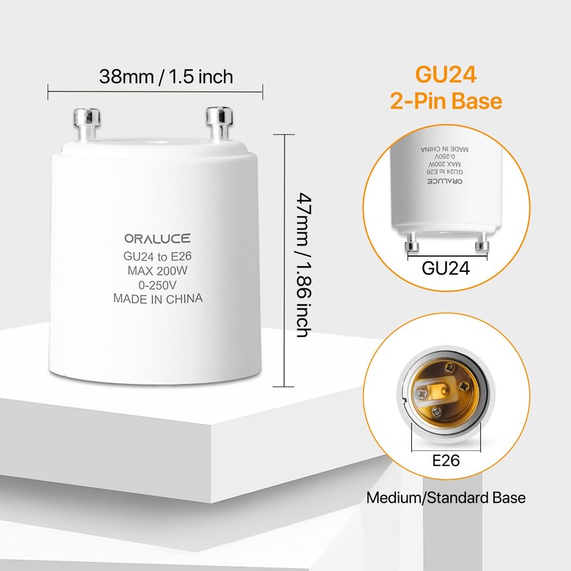 ORALUCE GU24 to E26 Adapter, Bi-Pin to Medium/Standard Base, Light