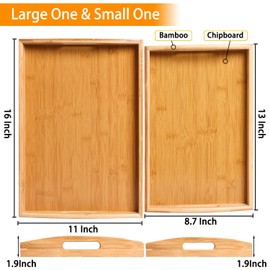 2 Pack Bamboo Serving Tray with Handles, Portable Bed Tray for Breakfast Dinner, Eating Trays for Living Room,Restaurants