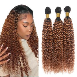 Niciitysi Color 1B30 Human Hair Light Brown Kinkycurly Bundles 10 12 14 inch Ombre Two Tone Black and Brown Curly Wave Bundles Double Weft Brazilian Hair Extensions Soft and Silky