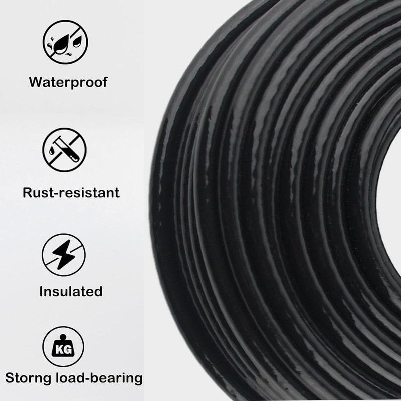 WRFDEC 200Ft 1/4" Black Vinyl Coated Wire Rope,7x19 Strand Aircraft