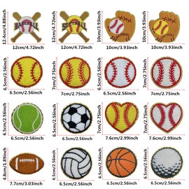 16Pcs Sports Chenille Iron on Patches Baseball Basketball Football Assorted Repair Patches Kit Sew on Embroidered Applique DIY Accessory for Backpack Clothes Pants Hats Jeans (16pcs Sports Patches)