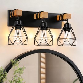 COTULIN Farmhouse Vanity Light for Bathroom,3-Light Industrial Black Light Fixtures Over Mirror,Rustic Wood Wall Sconces Lighting with Cage Metal Lampshade for Living Room Bedroom Hallway Restroom
