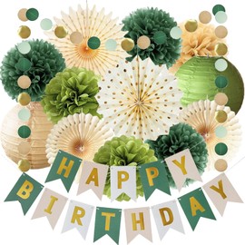 Green Birthday Party Decorations, Happy Birthday Banner Tissue Paper Pompoms Circle Garland Hanging Paper Fan Olive Green Party Neutral Birthday Decorations for Women Girls Boys