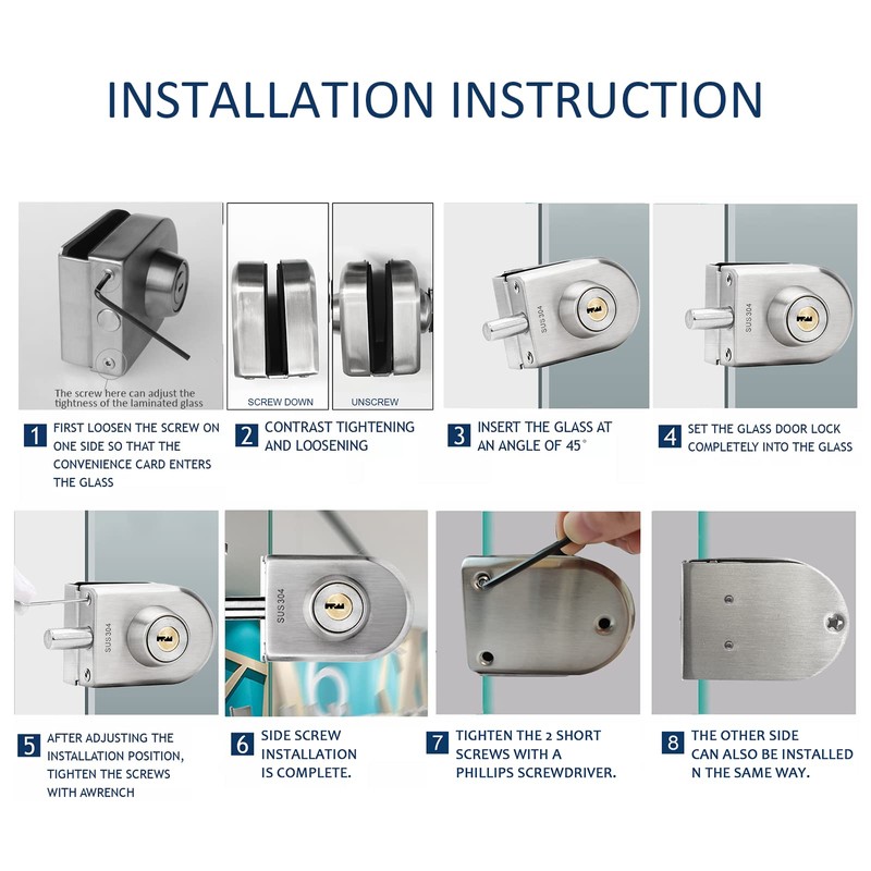Fits on 1/2" Glass,10 mm -12 mm, Glass Door Lock,