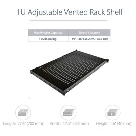 StarTech.com 1U Adjustable Vented Server Rack Mount Shelf - 175lbs - 19.5 to 38in Adjustable Mounting Depth Universal Tray for 19" AV/ Network Equipment Rack - 27.5in Deep (ADJSHELF)