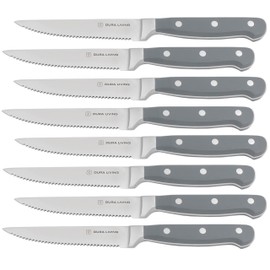 DURA LIVING Premium 8-Piece Steak Knife Set – Sharp Serrated Blades, Forged High Carbon Stainless Steel, Full Tang, Ergonomic Handle, Elegant Gray Finish – Ideal for Dining & Entertaining