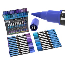 22 Flexible Brush Tip Acrylic Paint Pens Markers Set 1-7mm Line for Rock Painting, Brush Lettering, Glass, Mugs, Wood, Metal, Canvas, Fabric, Plastic. Non Toxic Waterbased Quick Drying Assorted Blue