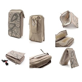 DFV mobile - Multi-functional Vertical Stripes Pouch Bag Case Zipper Closing Carabiner for Obi Yeti S500 - BEIGE (16 x 9.5 cm)