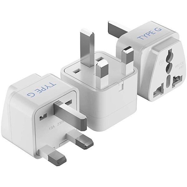 Ceptics UK, Hong Kong, Ireland, UAE Travel Plug Adapter (Type G) - 3 Pack [Grounded & Universal] (GP-7-3PK), White, Standard