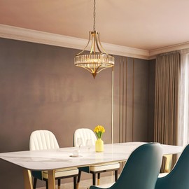 Majhoiw 21.6" Crystal Chandeliers for Dining Room Modern Gold Chandelier with Round Metal Shade 6-Light Large Dining Room Light Fixture for Kitchen, Dining Room, Hallway, Bedroom, Foyer