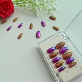 false nails,Gel - made Press - on Nails Set: Stunning Purple and Gold Glitter, Achieve Salon - like Nails in 5 Minutes