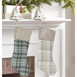 Hanna's Handiworks Neutral Plaid 19 Inch Stocking- Traditional Beige or Gray, Fur Trim- Christmas and Holiday- Perfect for Mantel, Xmas Tree, Gifts, Decor or Party Favors (1 of 2 Assorted Styles)
