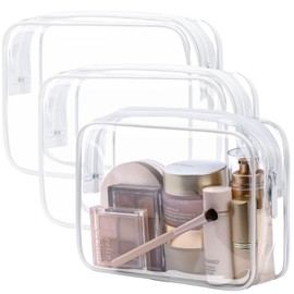 3Pcs Clear Makeup Bags Quart Size Travel Toiletry Bag, Clear Toiletry Bags for Traveling Clear Cosmetic Travel Bag, Travel Essentials, White.