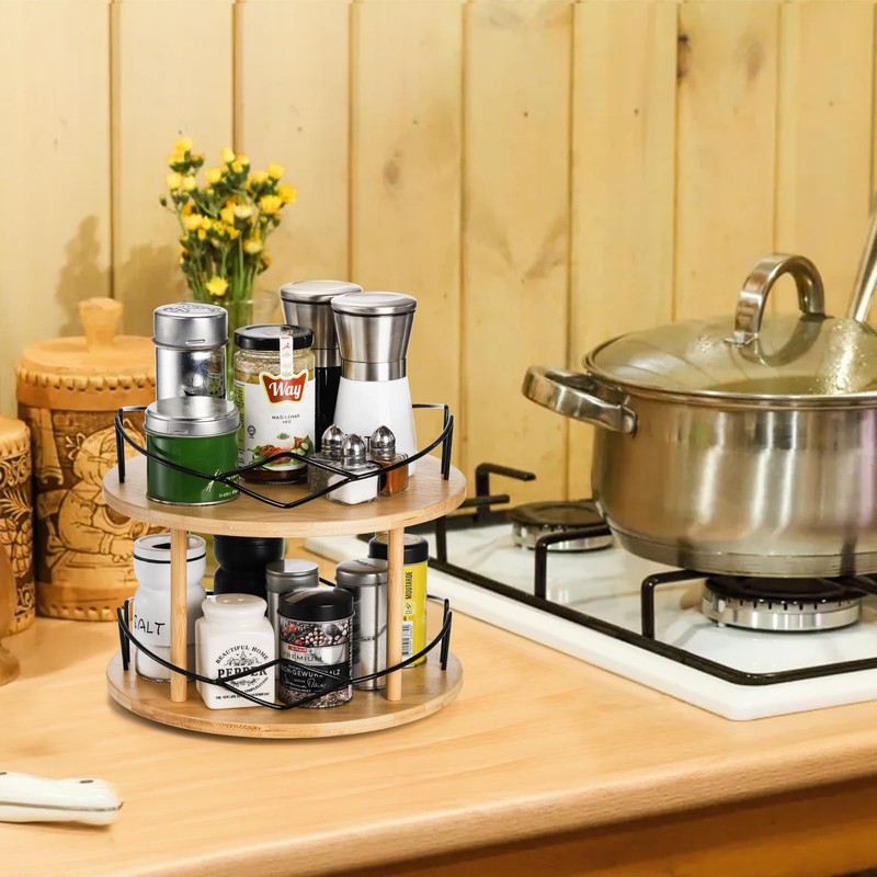 Yopay Lazy Susan Organizer 2 Tier, Bamboo Rotating Spice Rack