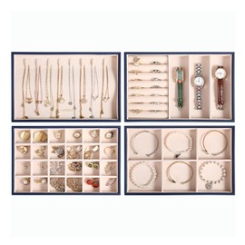 LANDICI Stackable Jewelry Organizer Trays 4 Set,PU Leather Jewelry Organizer Drawer,Jewelry Storage Display Tray for Earring Necklace Rings Bracelet with Removable Dividers,Dark Blue