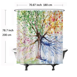 Ulticool Shower Curtain - Tree of Life 4 Seasons Watercolour - 180 x 200 cm - Anti Mould - Washable - Waterproof - with 12 Rings - Green Blue Yellow Pink