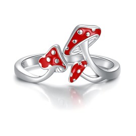 Cute Mushroom Gifts for Women - 925 Sterling Silver Magical Red Mushroom Ring Gifts for Women Teen Girls, silver, No Gemstone