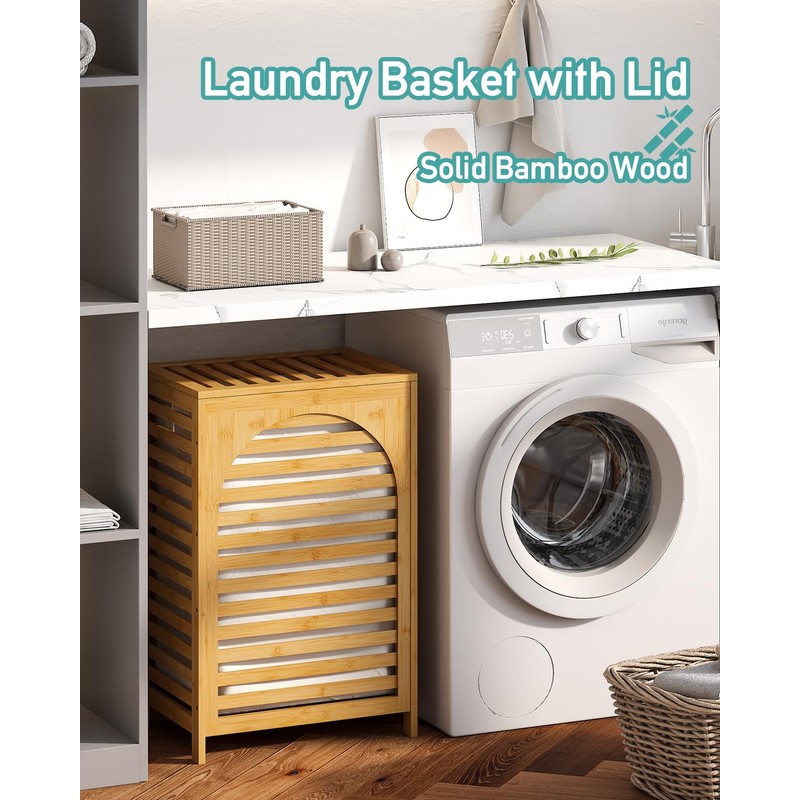 Laundry Hamper, 22.5 Gallon (85L) Bamboo Wood Clothes Laundry Basket
