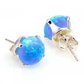 Trustmark 925 Sterling Silver 8mm Azure Blue Created Opal Crown Set Cab Stud Post Earrings, Sky