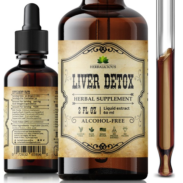 HERBALICIOUS Liver Supplement – Natural Liver Support Drops – Herbal Supplement Drink with Milk Thistle, Angelica Root, Dandelion Root, Turmeric, Peppermint - Liver Cleanse Detox – 2 fl oz