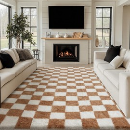 PureCozy Checkered Rug 8x10 for Living Room, Beige and White Modern Shag Rug Washable Non-Slip Large Area Rug Super Soft Indoor Fuzzy Carpet Fluffy Rugs for Bedroom Home Aesthetic Decor