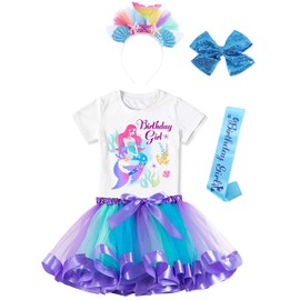 Doctor Unicorn Birthday Girls Mermaid Outfit Set Costume Tutu Skirt Dress, Mermaid Birthday Shirt, Headband & Satin Sash (Blue Mermaid, 8-9 Years)