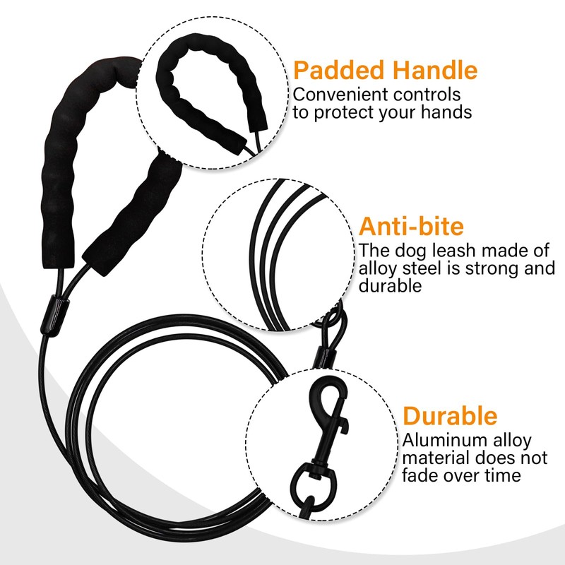 Chew Resistant Dog Leash with Hooks, 60 Inch Waterproof Metal