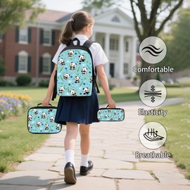 Ialtsidws 3PCS Panda Backpack for Kids Teens 17 Inch Bookbag for School with Lunch Box and Pencil Case, Reusable School Backpacks Set for Boys Girls Elementary Students