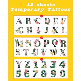 Casciybo Letter Temporary Tattoo for Women Girl, 12 Colorful Forged English Letters, Flowers English Letters waterproof Tattoo Stickers, for Adult Children's Body Arm Birthday Party Gifts