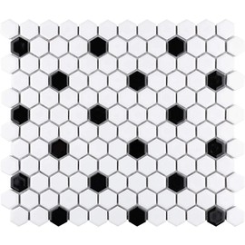USCT 1x1 Hexagon White with Black Dot Matte (Exact Hex Size 7/8") Porcelain Mosaic Floor Wall Tile Backsplash (10 Sheets/case) for Kitchen, Bathroom Shower, Accent Decor, Fireplace, Flooring