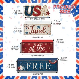 CroBlissful 4 Pcs Memorial Day Decorations Patriotic 4th of July Tabletop Decor Red White Blue Table Centerpieces Wood Block God Bless Sign for Tiered Tray Home Shelf Mantel(Independence Day USA)