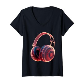 Cool Wireframe Neon Headphones Music Musician V-Neck T-Shirt