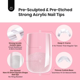 Beetles Tipex Instant Apex Nail Tips-Extra Short Square Pre-Building & Pre-Etched Strong Thick Acrylic,16 Sizes, Press on Nails 512 Pieces