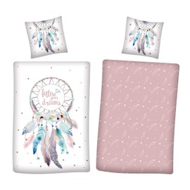 Familando Modern Reversible Bed Linen Set, 135 x 200 cm, 80 x 80 cm, 100% Cotton, Dream Catcher / Bohemian Girl Design, Old pink, 135_x_200_cm