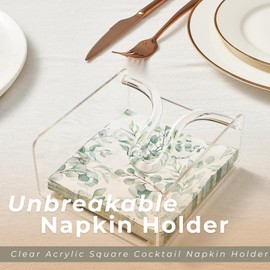 Clear Acrylic Square Cocktail Napkin Holder (5.1"x5.5"), Unbreakable Plastic Napkin Dispenser with Weighted Arm and Non-Slip Pads, Kitchen, Dining Table, Bathroom Vanity, Shatterproof BPA-free