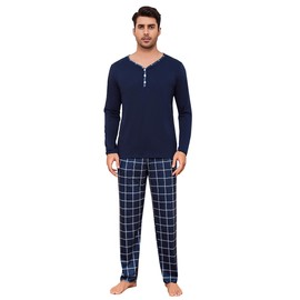 Irdcomps Men's Long Pyjamas Cotton Sleepwear Set Men's Checked with Buttons, Navy_2