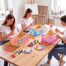 3 Sets DIY Summer Bikini Box Painting Kit Large Painted Pine Wood Crates for Storage Supplies with Unassembled Wooden Crates Brushes Paints Palette for Crafts Adults Women Night, 15" x 10" x 7"