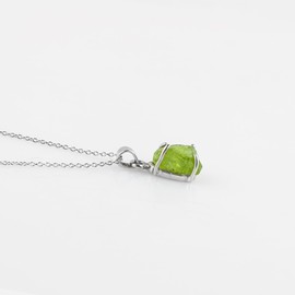 CRYSTALIS Natural Peridot Gemstone Raw Crystal Pendant Necklace, Rough Crystal in Prong Setting, Chakra Healing Women Gift Jewelry, Rhodium Over 925 Sterling Silver Chain 18 inch