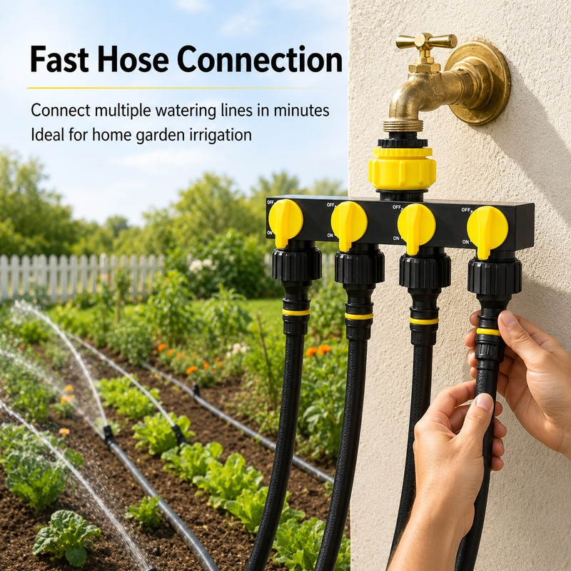 4-Way Garden Hose Splitter for Irrigation – Independent Valve Faucet