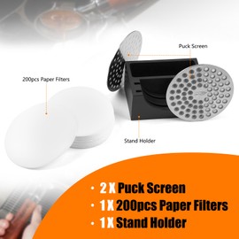 IKAPE Espresso Coffee Accessories, 53mm Puck Screen 4-piece Set with 2 Ultra-thin Puck Screen, 200 pcs Paper Filters, and a Stand Holder - Elevate Your Coffee Experience